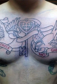 胸部简单的黑色线条燕子心形翅膀纹身图案