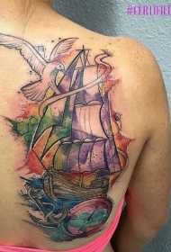 背部水彩风格帆船指南针和鸟类纹身图案