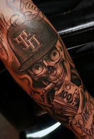 手臂滑稽的黑白吸烟骷髅纹身图案