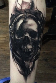 腿部黑色全新学校风格人类头骨纹身