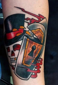 手臂彩色老式学校风骷髅与棺材纹身