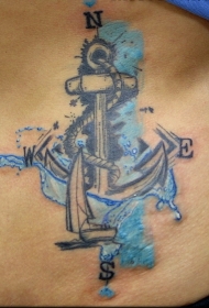 腹部彩色酷蓝锚指南针纹身图案