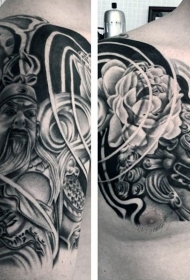 半甲亚洲风格的黑白战士与老虎纹身图案
