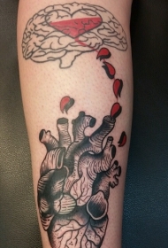 i小腿黑灰组合大脑和心脏纹身图案