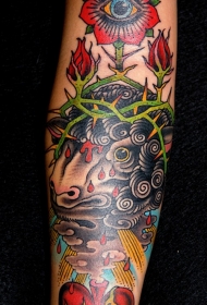 old school欧美羊头与眼睛花朵纹身图案