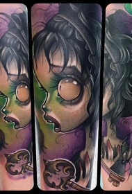 邪恶的大眼睛女巫和钥匙卡通纹身图案