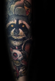花臂新的学校风格浣熊与老鼠纹身图案