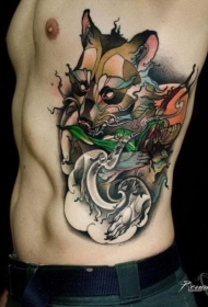 腰侧New School浣熊彩色纹身图案