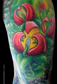 大臂神奇的彩色花朵与叶子纹身图案