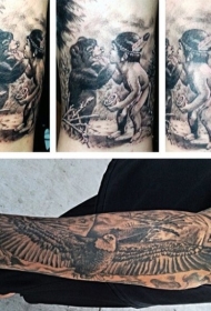 手臂印度风格和小孩子和小熊纹身图案