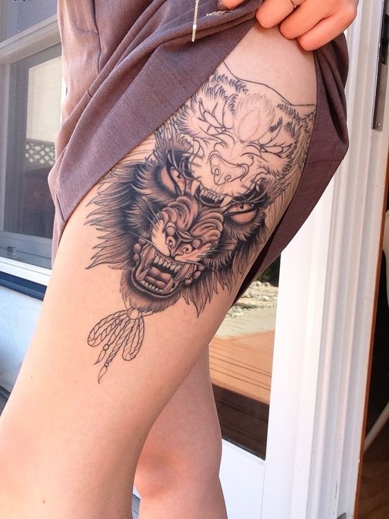 大腿令人难以置信的黑色各种野兽纹身图案