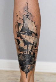 小腿黑色水墨风格帆船纹身图案