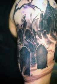 大臂黑灰古老的墓地和房子纹身图案