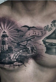 胸部黑白留声机和鸟类灯塔纹身图案