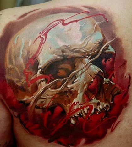 肩部彩色恐怖风格的骷髅纹身图案
