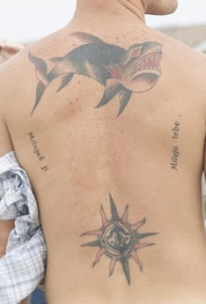 背部邪恶的鱼与铭文纹身图案