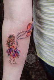 手臂水彩风格的女孩与气球纹身图案
