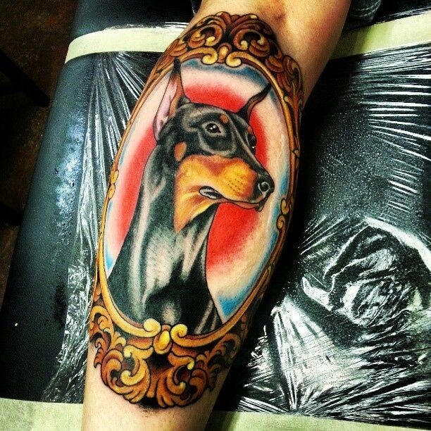 小腿,old school丰富多彩的镜框和杜宾犬纹身图案