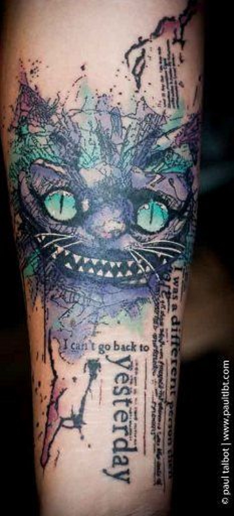 手臂卡通的彩色猫头部纹身图案