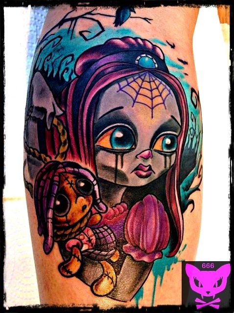 小腿old school,可爱的小女孩纹身图案