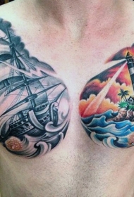 半甲school彩色灯塔与帆船纹身图案
