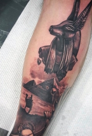 小腿埃及主题黑灰金字塔和雕像纹身图案