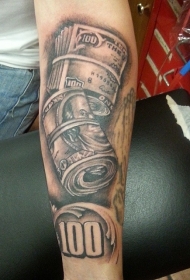 小臂难以置信的黑白美元钞票纹身图案