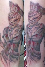 腿部彩色寂静岭护士恐怖电影纹身图案