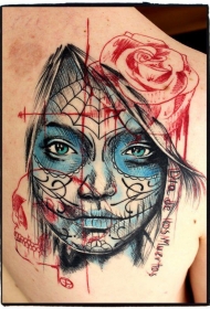 肩部彩色素描风死亡女神纹身图片