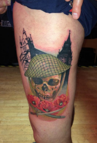 彩色大腿骷髅头剑纹身图案