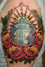 彩绘old school欧美机器人花朵纹身图案
