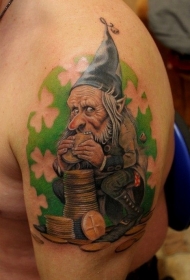 肩部彩色插画风格金币妖精纹身图案