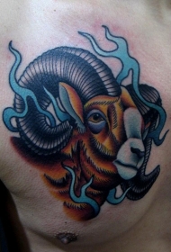 男性胸部彩色羊纹身图案