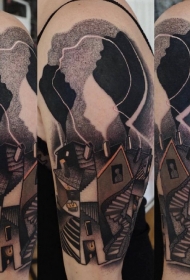 超现实主义风格的黑色古怪房子纹身图案