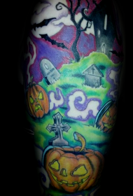 有趣的万圣节卡通怪物墓地纹身图案