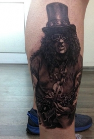 小腿黑灰摇滚人像和吉他纹身图案