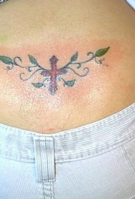 腰部彩色十字架与藤蔓纹身图案