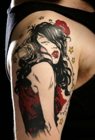 肩部彩色插画性感女人纹身图案