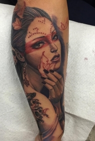 old school小腿彩色吉普赛妇女肖像纹身图案