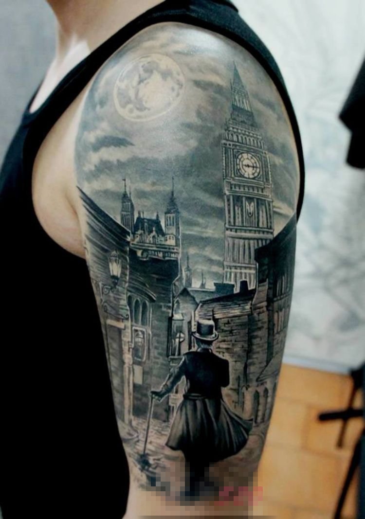 高大的黑色点刺几何线条建筑纹身图案