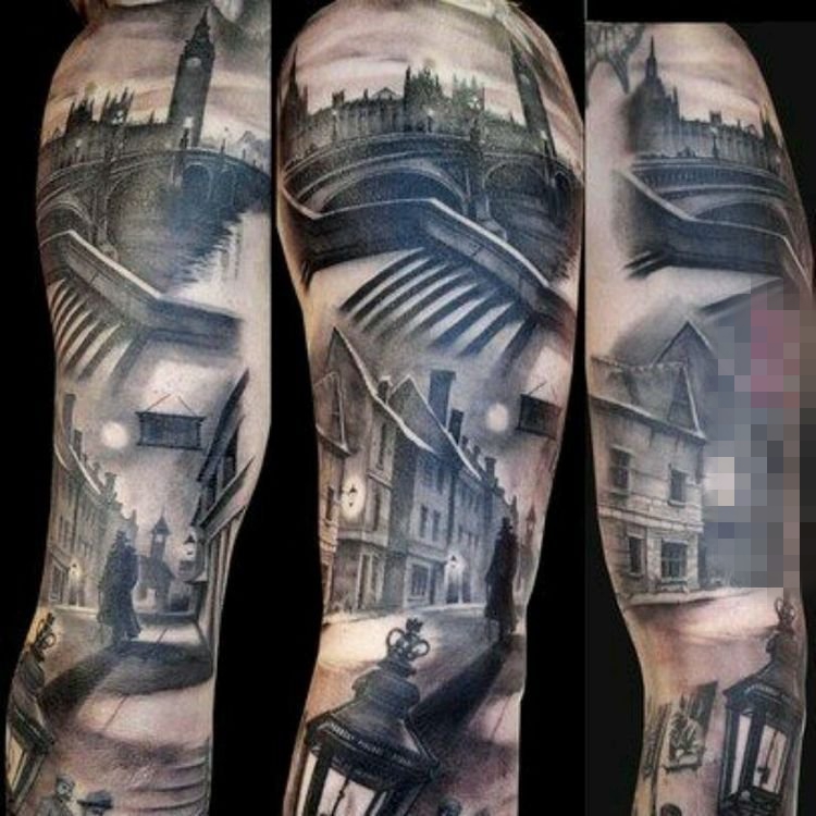 高大的黑色点刺几何线条建筑纹身图案