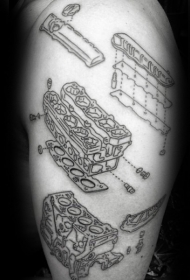 黑色线条各种发动机零件纹身图案