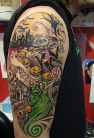 滑稽的微笑卡通南瓜和幽灵纹身图案