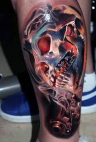 小腿new school彩色骷髅和手枪纹身图案