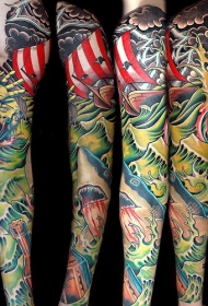 花臂彩色绿海主题纹身图案