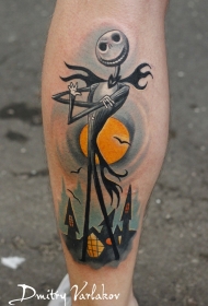 小腿彩色卡通鬼怪和月亮蝙蝠纹身图案