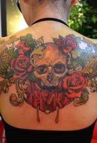 背部美丽的五彩骷髅和鲜花纹身图案