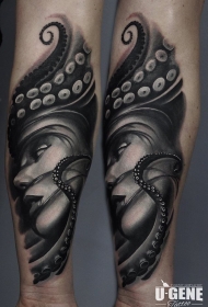 腿部灰色章鱼女人纹身图案