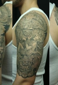 肩部巨大的石雕风格古墙雕像纹身图案