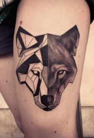 大腿半几何半真实的部落狼头纹身图案